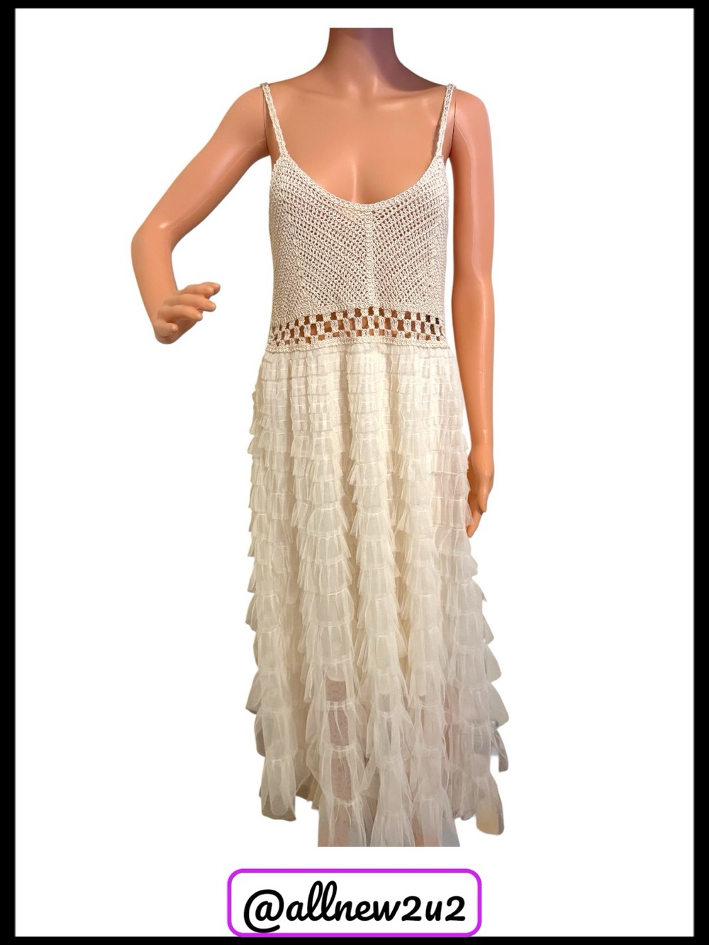 POL White Ecru Tulle Ruffled Midi Dress with Crochet Waist Top - Picture 5 of 15